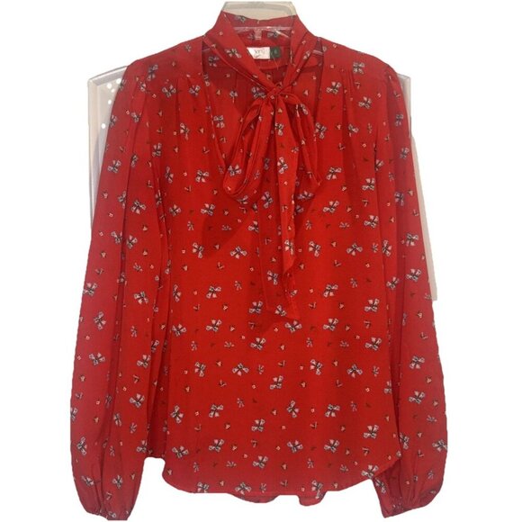 RIXO London Women’s Red Floral Silk Long Sleeve V-Neck Tie Moss Blouse Top Sz S - Picture 1 of 10